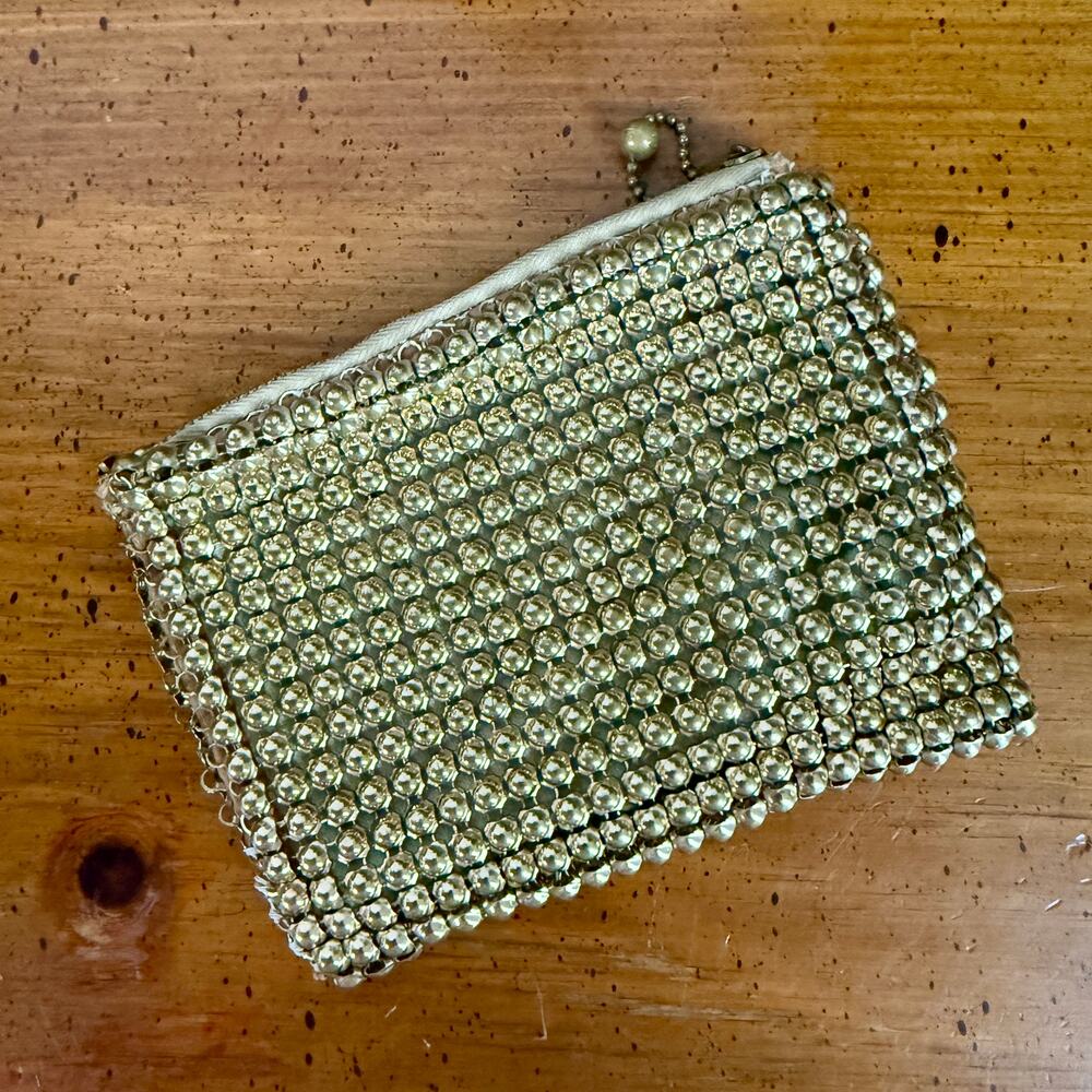 Vintage Gold Tone Beaded Coin Purse Rhinestone Glam Zip Change Pouch Y2K
